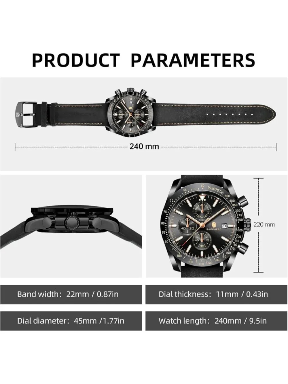 Men's All Black Analog Silicone Strap Chronograph Luminous Designer Casual Watch